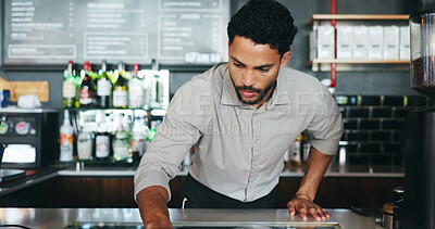 Buy stock photo Entrepreneur, man or check display in coffee shop, inventory management or food safety compliance. Product integrity, hygiene standard or person with stock evaluation inspection, hospitality or cafe