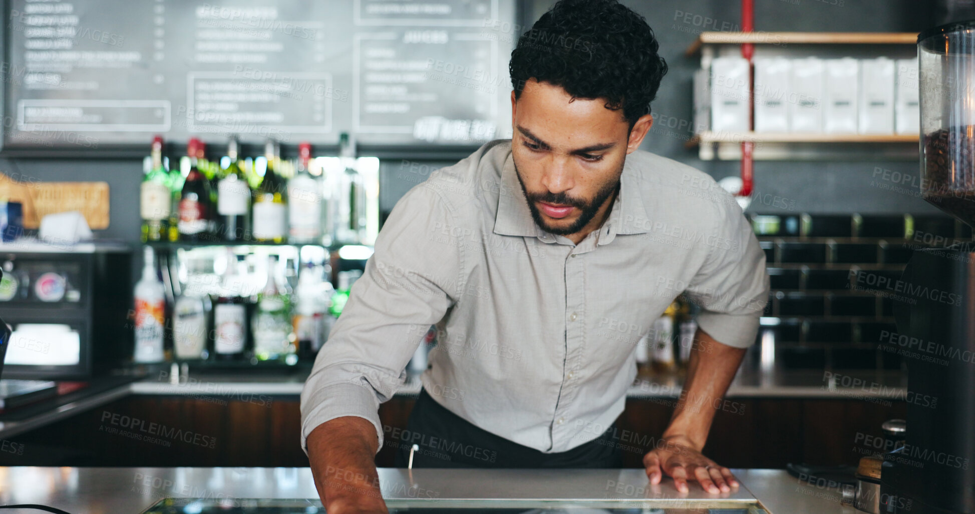 Buy stock photo Entrepreneur, man or check display in coffee shop, inventory management or food safety compliance. Product integrity, hygiene standard or person with stock evaluation inspection, hospitality or cafe