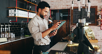 Buy stock photo Waiter, man and scroll in restaurant with tablet, booking website or notification for online order. Person, reading and browse in diner with tech, hospitality service and check email for reservation.