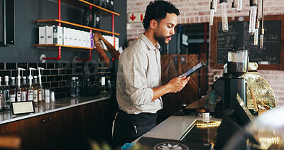 Buy stock photo Waiter, man and plan in restaurant with tablet, inventory management and review hospitality service. Person, online checklist and tech in diner with quality control, digital menu and catering update.