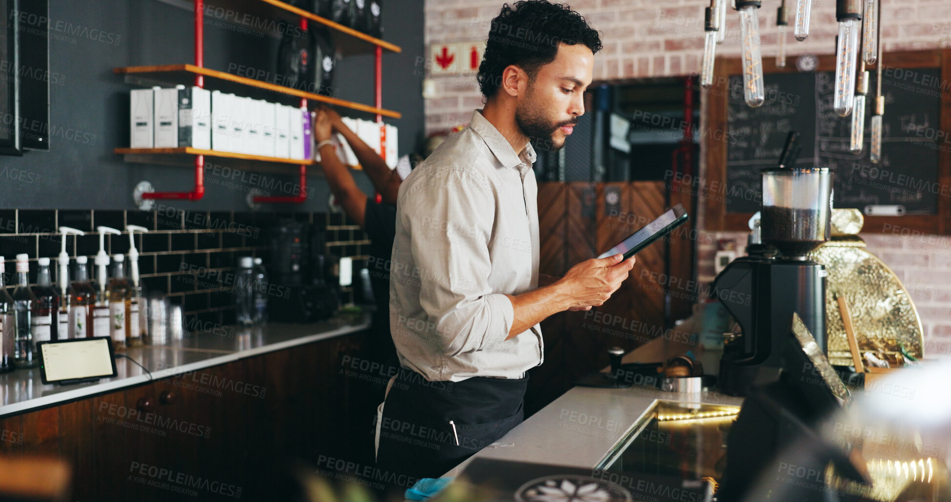 Buy stock photo Waiter, man and plan in restaurant with tablet, inventory management and review hospitality service. Person, online checklist and tech in diner with quality control, digital menu and catering update.