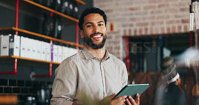 Buy stock photo Man, business owner and happy with tablet at restaurant in portrait with inventory checklist at cafe. Person, tech and smile with application, confidence and entrepreneurship for service at diner