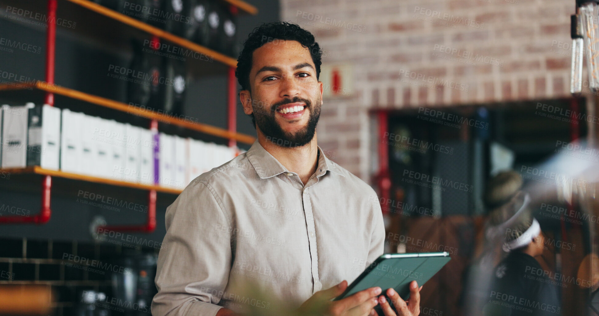 Buy stock photo Man, business owner and happy with tablet at restaurant in portrait with inventory checklist at cafe. Person, tech and smile with application, confidence and entrepreneurship for service at diner