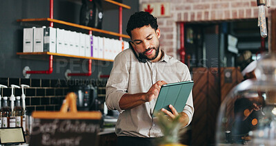 Buy stock photo Phone call, conversation and man on tablet in restaurant for online orders, inventory delivery and schedule. Manager, hospitality and person on tech for communication, stock supplier and logistics
