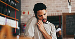 Speaking, entrepreneur or man with phone call in restaurant, supplier contact or address customer inquiry. Vendor negotiation, mobile or business owner plan for stock delivery, booking or reservation
