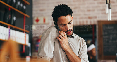 Buy stock photo Speaking, entrepreneur or man with phone call in restaurant, supplier contact or address customer inquiry. Vendor negotiation, mobile or business owner plan for stock delivery, booking or reservation