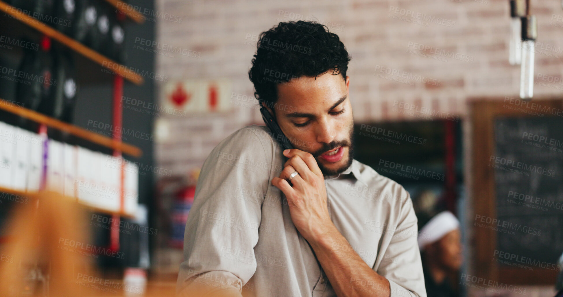 Buy stock photo Speaking, entrepreneur or man with phone call in restaurant, supplier contact or address customer inquiry. Vendor negotiation, mobile or business owner plan for stock delivery, booking or reservation
