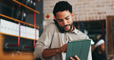 Buy stock photo Phone call, planning and man on tablet in restaurant for online orders, inventory delivery and logistics. Manager, hospitality and person on tech for communication, stock supplier or booking schedule