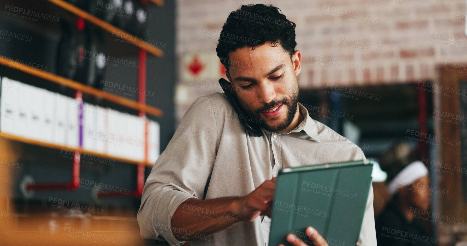 Buy stock photo Phone call, planning and man on tablet in restaurant for online orders, inventory delivery and logistics. Manager, hospitality and person on tech for communication, stock supplier or booking schedule