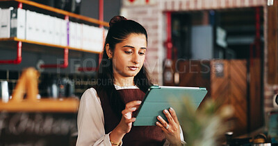 Buy stock photo Tablet, planning and woman in restaurant for online inventory, update website and orders. Small business, hospitality and person on tech for digital menu, stock checklist and work schedule in cafe