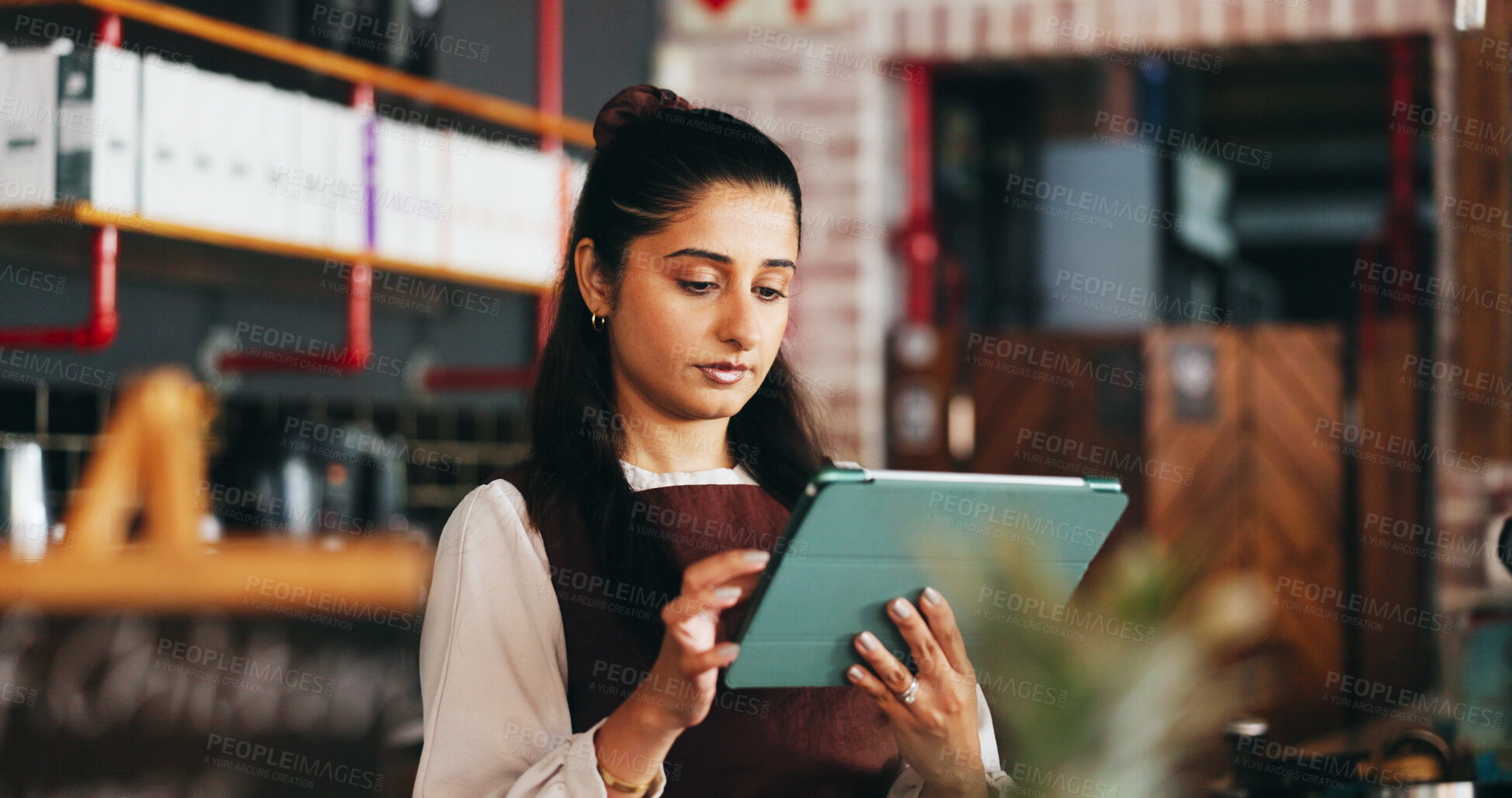Buy stock photo Tablet, planning and woman in restaurant for online inventory, update website and orders. Small business, hospitality and person on tech for digital menu, stock checklist and work schedule in cafe