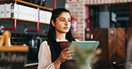 Tablet, thinking and woman in restaurant for online inventory, update website and orders. Small business, hospitality and person on tech for digital menu, stock checklist and work schedule in cafe
