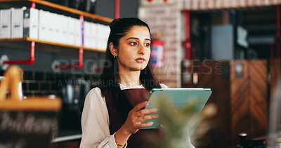 Buy stock photo Tablet, thinking and woman in restaurant for online inventory, update website and orders. Small business, hospitality and person on tech for digital menu, stock checklist and work schedule in cafe