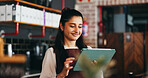 Planning, happy and woman on tablet in restaurant for online inventory, website and orders. Small business, hospitality and person on tech for digital menu, stock checklist and work schedule in cafe
