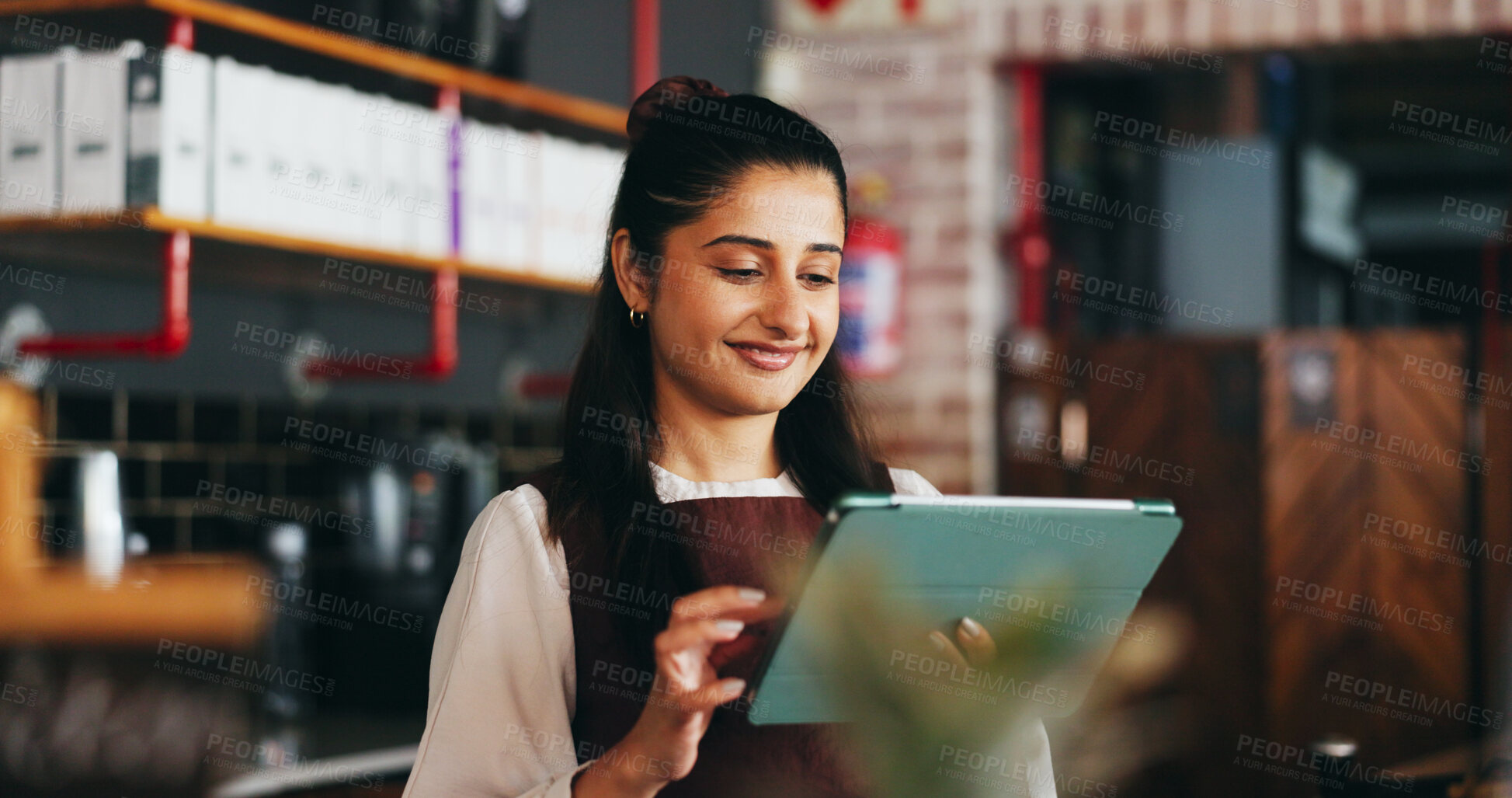 Buy stock photo Planning, happy and woman on tablet in restaurant for online inventory, website and orders. Small business, hospitality and person on tech for digital menu, stock checklist and work schedule in cafe