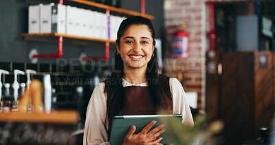 Buy stock photo Manager, woman and smile with tablet in cafe for hospitality, online order and about us pride. Small business, hostess portrait and tech for digital menu, inventory management and customer service