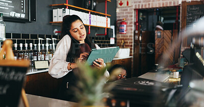 Buy stock photo Phone call, talking and woman on tablet in restaurant for online orders, inventory delivery and bookings. Manager, hospitality and person on tech for communication, stock supplier and logistics