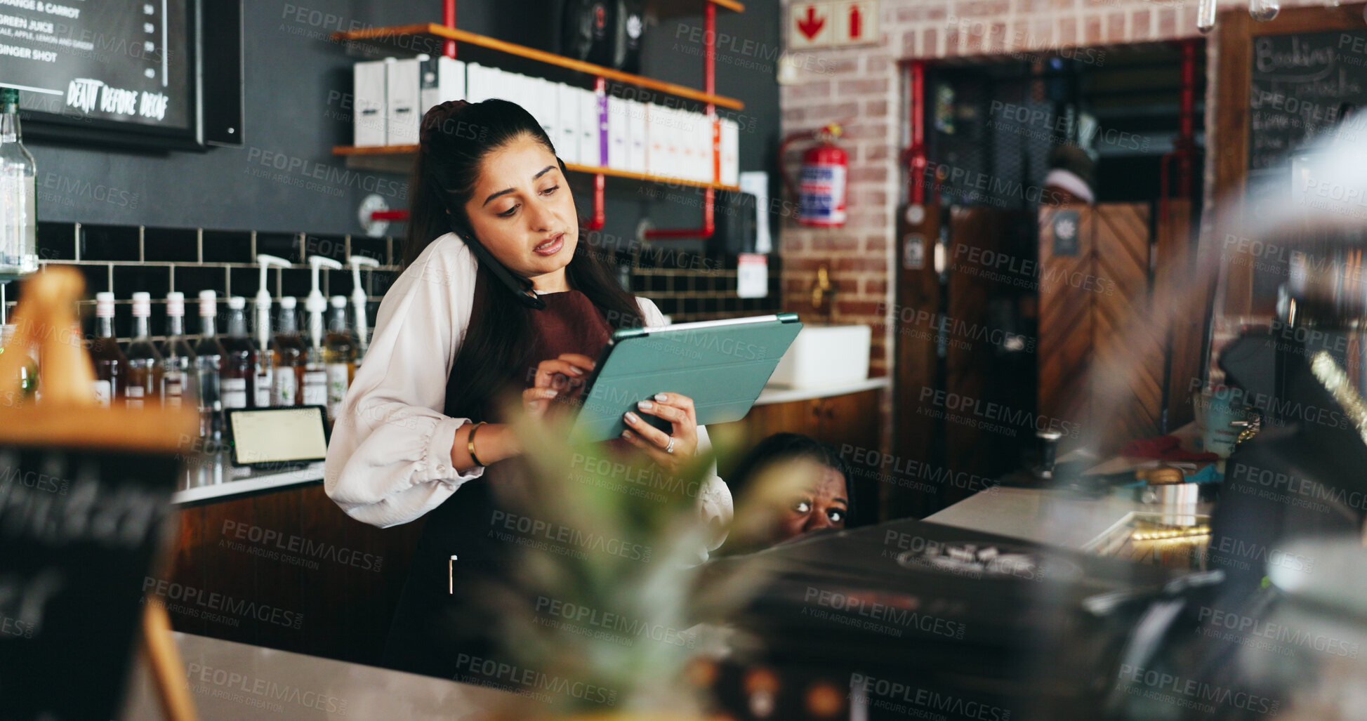 Buy stock photo Phone call, talking and woman on tablet in restaurant for online orders, inventory delivery and bookings. Manager, hospitality and person on tech for communication, stock supplier and logistics