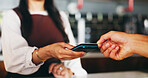 Hands, credit card and waiter with pos at coffee shop for easy payment, bills and customer experience, People, cashier and iot machine with point of sale, fintech or digital banking at restaurant