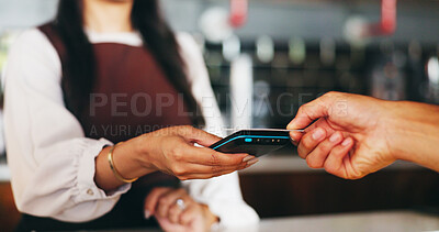 Buy stock photo Hands, credit card and waiter with pos at coffee shop for easy payment, bills and customer experience, People, cashier and iot machine with point of sale, fintech or digital banking at restaurant