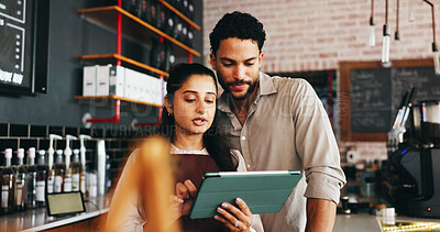Buy stock photo Entrepreneur, speaking or couple with tablet in coffee shop, menu management or remove sold out items. Online order app, review sales or people with food list optimization, tech or price update talk