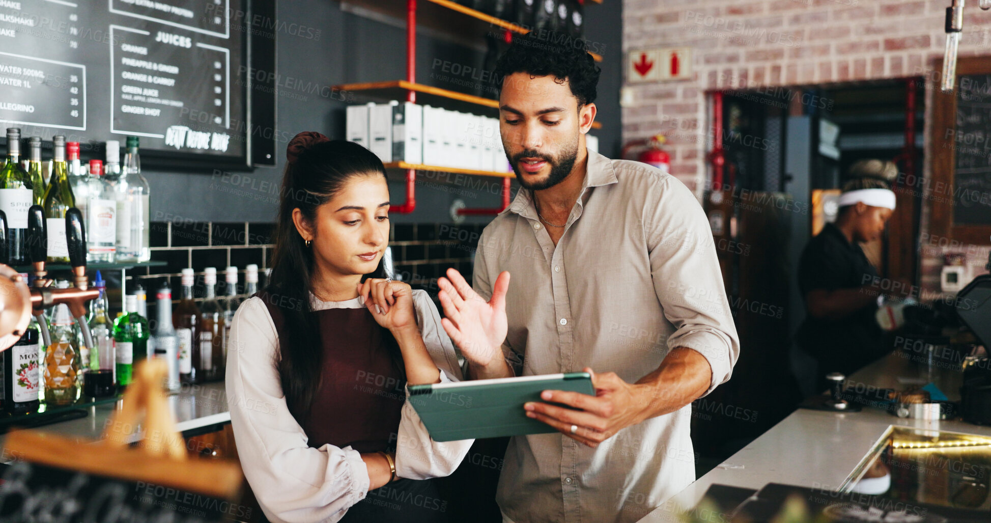 Buy stock photo Business owner, talking or couple with tablet in coffee shop, menu management or remove sold out items. Online order app, review sales or people with food list optimization, tech or price update chat