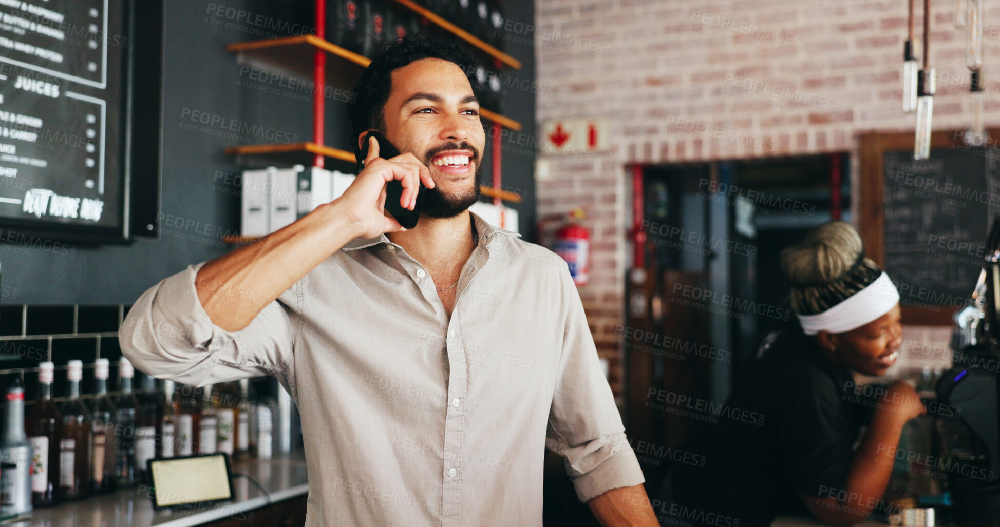 Buy stock photo Talking, entrepreneur or man with phone call in restaurant, supplier contact or address customer inquiry. Vendor negotiation, tech or happy person planning for stock delivery, booking or reservation