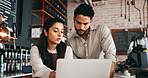 Manager, people and laptop in restaurant with discussion, menu update and planning for hospitality. Business owner, team and conversation in diner with computer, collaboration and catering feedback.
