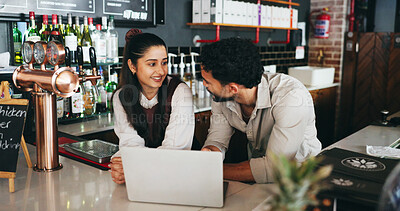 Buy stock photo Manager, people and talk in restaurant with laptop, bartender update or planning menu for hospitality. Business owner, team and discussion by bar with computer, alcohol order or inventory management.