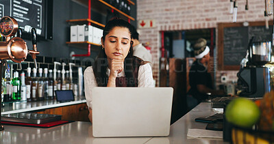 Buy stock photo Thinking, businesswoman and plan with laptop in cafe, remember and ideas for article and journalism. Creative, person and reflection for story deadline, serious and reporter with tech for project