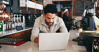 Buy stock photo Man, reading and business owner in restaurant with laptop, website and notification for online order. Management, person and browsing in diner with computer, hospitality and email for reservation.