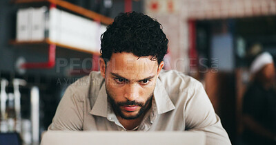 Buy stock photo Man, laptop and business owner in restaurant with online order, browse and notification for reservation. Manager, person and reading in diner with computer, hospitality service and booking website.