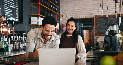 Buy stock photo Happy, people and celebration in restaurant with laptop, success or notification for online order goal. Coworkers, fist pump or teamwork in diner with computer, hospitality achievement and milestone.