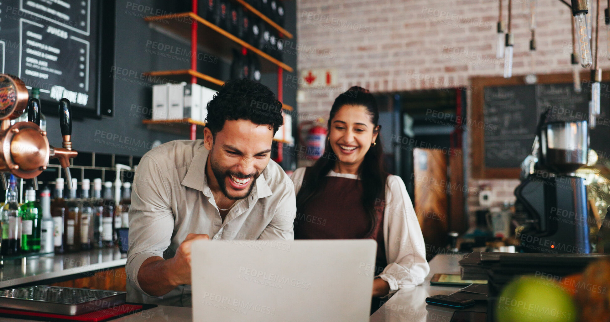 Buy stock photo Happy, people and celebration in restaurant with laptop, success or notification for online order goal. Coworkers, fist pump or teamwork in diner with computer, hospitality achievement and milestone.