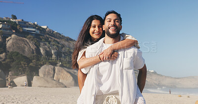 Buy stock photo Happy, hug and portrait of couple by beach on holiday, travel or getaway together for honeymoon. Smile, care and woman embrace man by ocean for seaside vacation for marriage, romance or love.