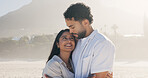 Love, smile and hug with couple on beach for travel, summer and vacation together. Peace, man and woman with date for holiday, bonding and romance for weekend break and relax for honeymoon trip