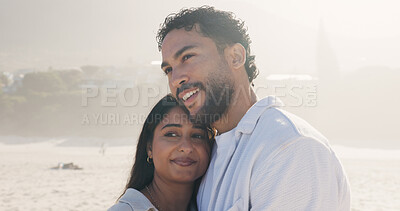 Buy stock photo Hug, love and thinking with couple on beach together for anniversary, date or honeymoon in summer. Holiday, smile and vacation with happy people embracing outdoor for bonding, security or travel