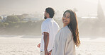 Travel, holding hands or couple at beach with smile, commitment or bonding together on summer holiday. Trip, man or woman with portrait, romantic connection or healthy relationship on outdoor date.
