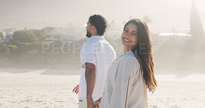 Buy stock photo Travel, holding hands or couple at beach with smile, commitment or bonding together on summer holiday. Trip, man or woman with portrait, romantic connection or healthy relationship on outdoor date.