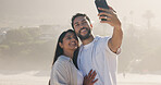 Love, smile and selfie with couple on beach for travel, summer and vacation together. Profile picture, man and woman with date for holiday, bonding and online post for weekend break and relax or trip