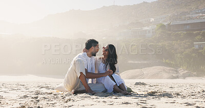 Buy stock photo Travel, hug or couple on beach sand with smile, commitment or bonding together on summer holiday. Love, man or woman with embrace, romantic connection or healthy relationship on outdoor vacation.