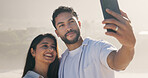 Travel, smile and selfie with couple on beach for love, summer and vacation together. Profile picture, man and woman with date for holiday, bonding and online post for weekend break and relax or trip