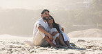 Holiday, smile and hug with couple on beach for travel, summer and vacation together. Sunglasses, man and woman with date for love, bonding and romance for weekend break and relax for honeymoon trip