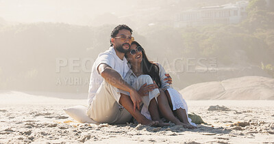Buy stock photo Holiday, smile and hug with couple on beach for travel, summer and vacation together. Sunglasses, man and woman with date for love, bonding and romance for weekend break and relax for honeymoon trip