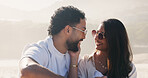 Vacation, love and smile with couple on beach for travel, summer and holiday together. Sunglasses, man and woman with date for happy, bonding and view for weekend break and relax for honeymoon trip