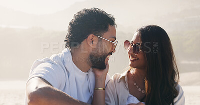 Buy stock photo Vacation, love and smile with couple on beach for travel, summer and holiday together. Sunglasses, man and woman with date for happy, bonding and view for weekend break and relax for honeymoon trip