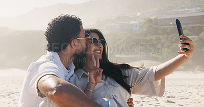 Buy stock photo Vacation, love and selfie with couple on beach for travel, summer and holiday together. Sunglasses, man and woman with date for happy, bonding and social media post for weekend and relax for trip