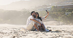 Holiday, love and selfie with couple on beach for travel, summer and vacation together. Sunglasses, man and woman with space for date, bonding and social media post for weekend and relax for trip