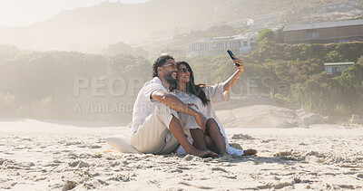 Buy stock photo Holiday, love and selfie with couple on beach for travel, summer and vacation together. Sunglasses, man and woman with space for date, bonding and social media post for weekend and relax for trip