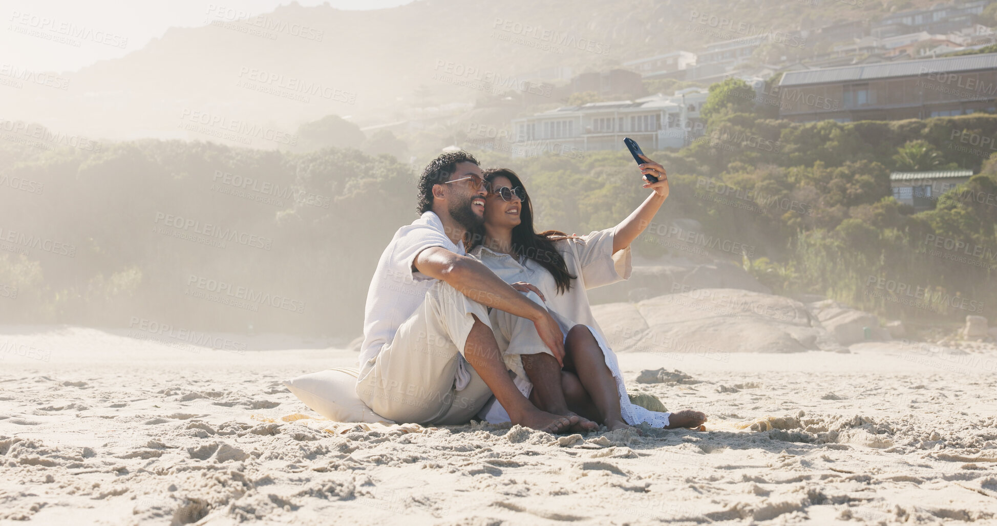 Buy stock photo Holiday, love and selfie with couple on beach for travel, summer and vacation together. Sunglasses, man and woman with space for date, bonding and social media post for weekend and relax for trip